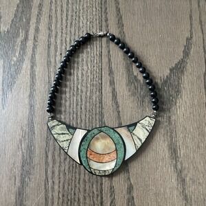 Vintage Geometric Necklace Mother Pearl Marble Stone Organic Beads